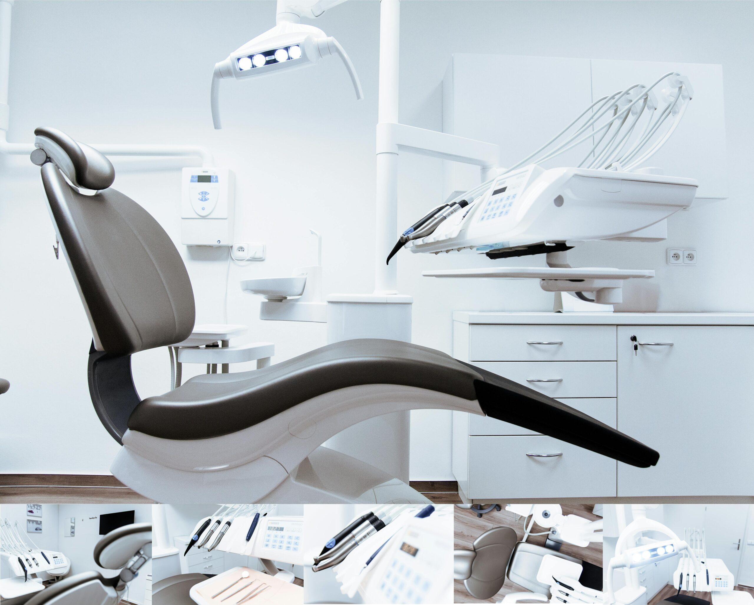 Modern dental clinic with dental chair, overhead light, and advanced dental equipment