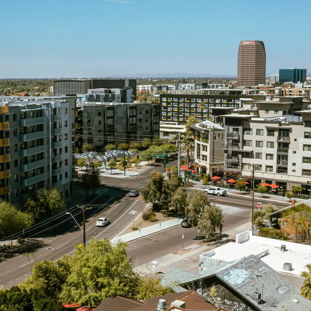 Aerial view of downtown Phoenix with modern buildings and clear sky