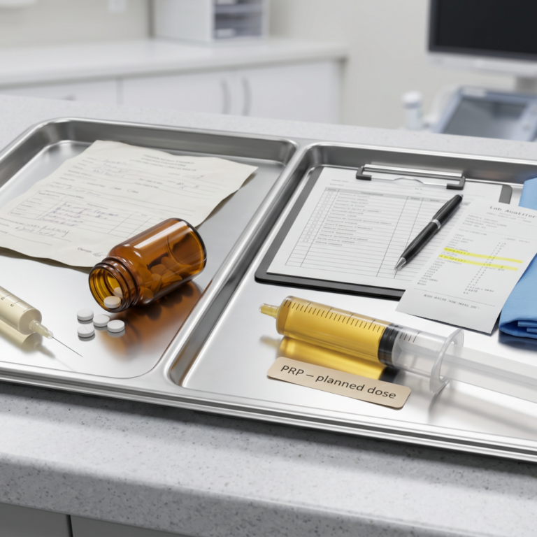 A syringe labeled PRP injection planned dose on a clinic tray beside a spilled pill bottle, a screening checklist on a clipboard, and a highlighted lab analyzer printout