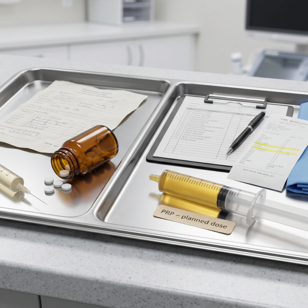 A syringe labeled PRP injection planned dose on a clinic tray beside a spilled pill bottle, a screening checklist on a clipboard, and a highlighted lab analyzer printout