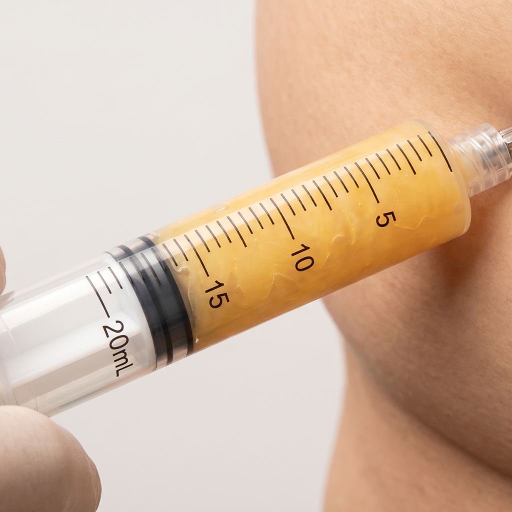 Gloved clinician holding a 20 mL syringe filled with yellow processed adipose tissue near a patient's knee