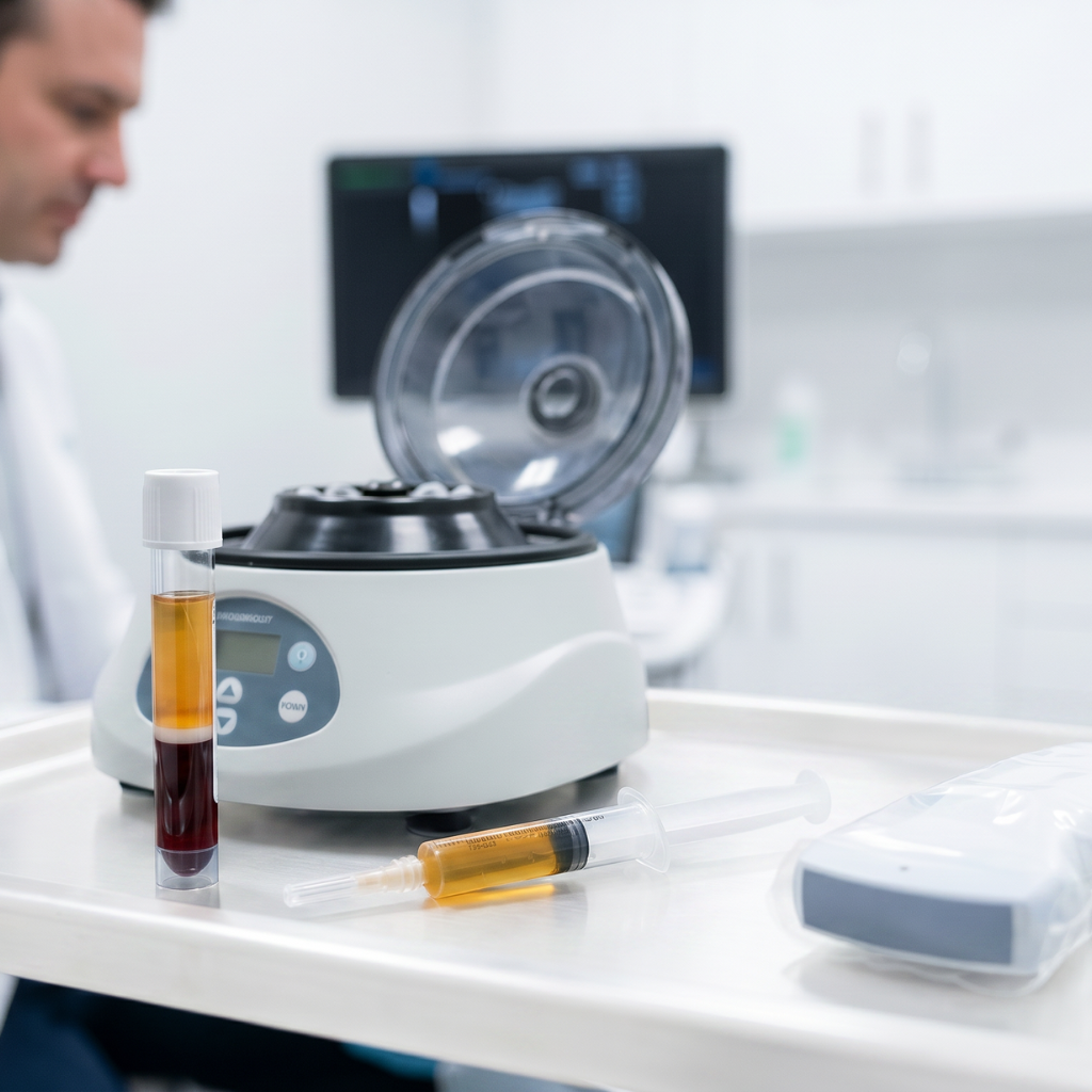 A blood tube separated into yellow plasma over red cells beside a benchtop centrifuge and a filled syringe, the equipment a practice needs to offer PRP therapy