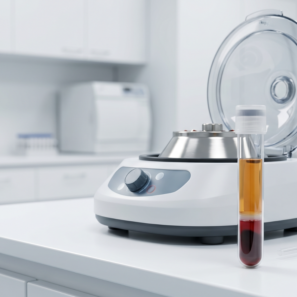 Benchtop centrifuge used for PRP preparation beside a blood collection tube showing separation into a yellow plasma layer above a dark red blood cell layer