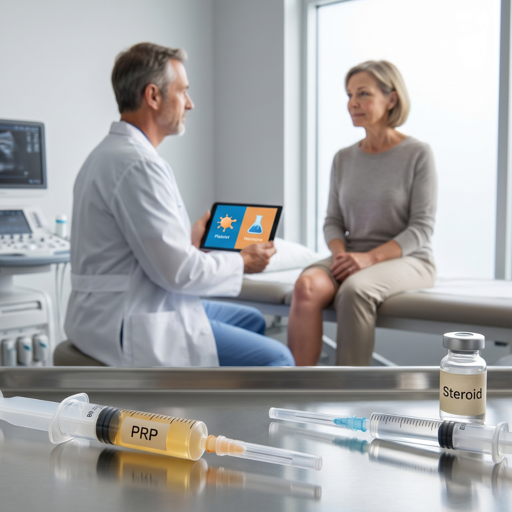 A syringe labeled PRP filled with platelet-rich plasma and a vial labeled Steroid on a clinic tray, with a clinician discussing options with a seated patient in the background