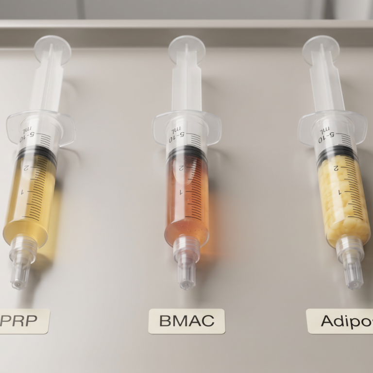 Three labeled syringes side by side comparing orthobiologic options: yellow PRP, reddish BMAC, and pale particulate adipose tissue