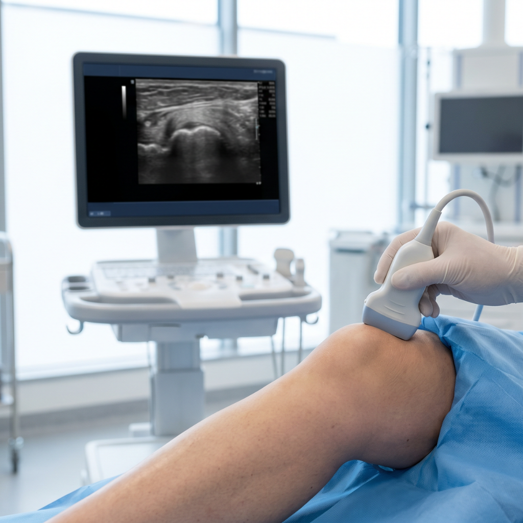 Ultrasound-guided injection techniques in regenerative medicine: why training matters 1 Clinician performing an ultrasound-guided injection on a patient's knee, with the live sonographic image displayed on the cart-based monitor behind