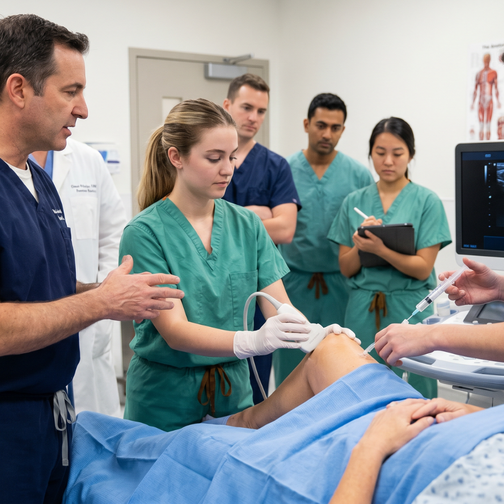 Instructor guiding a student through an ultrasound-guided knee injection during a hands-on PRP training course, with other clinicians observing