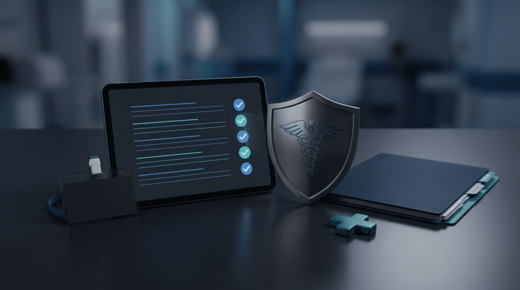 Home 2026 12 A tablet with a checklist, a shield with a medical symbol and a clipboard on a dark desk