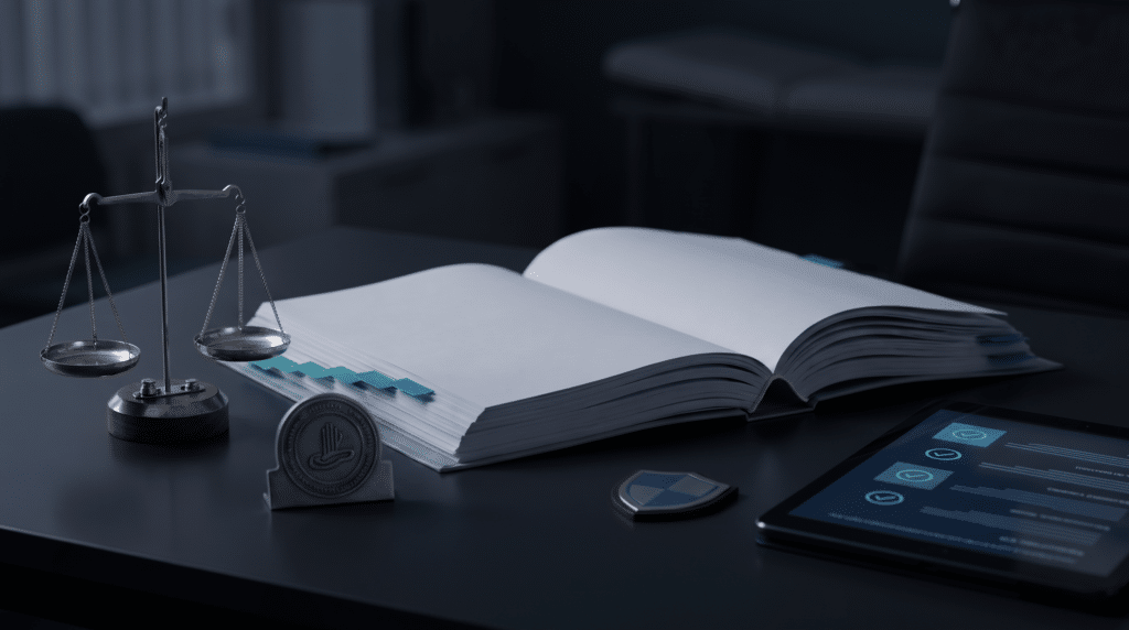 Home 2026 13 Scales of justice beside an open book and a tablet on a dark desk
