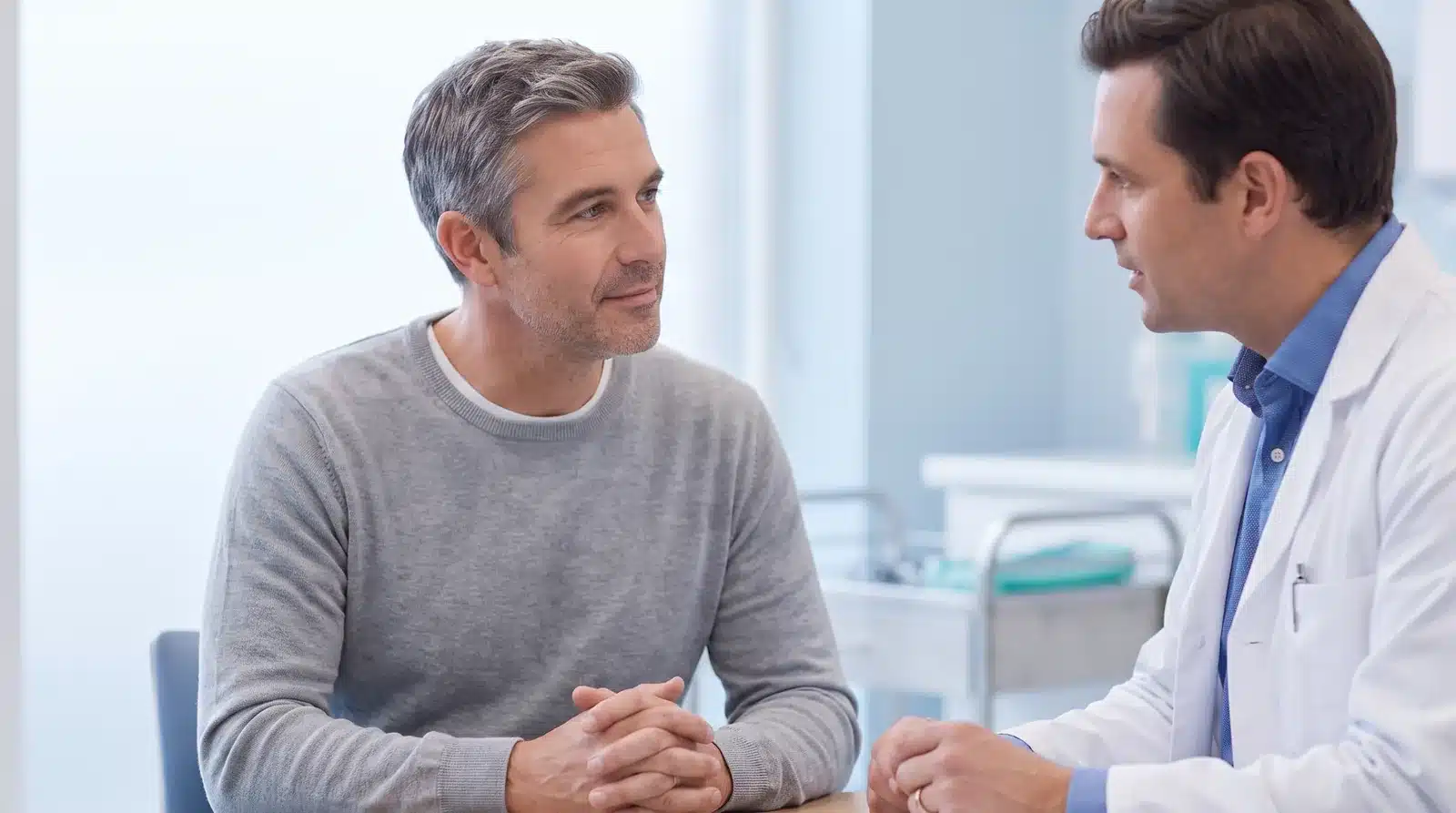 A clinician in a white coat talks with a male patient across a desk in a bright consultation room