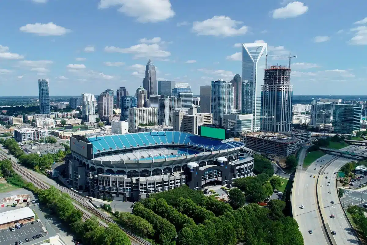 Aerial view of uptown charlotte and its football stadium