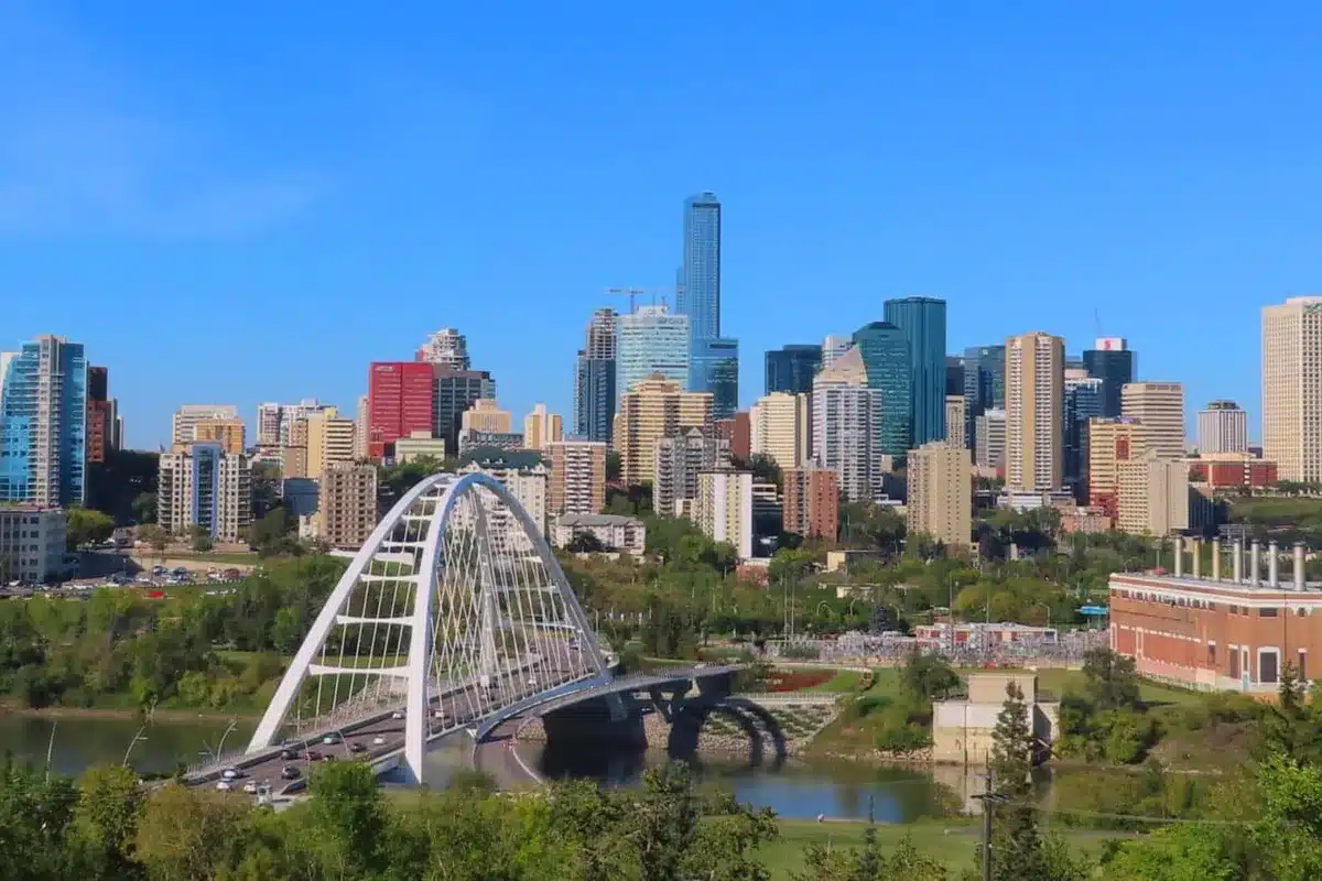 Downtown edmonton skyline with the walterdale bridge