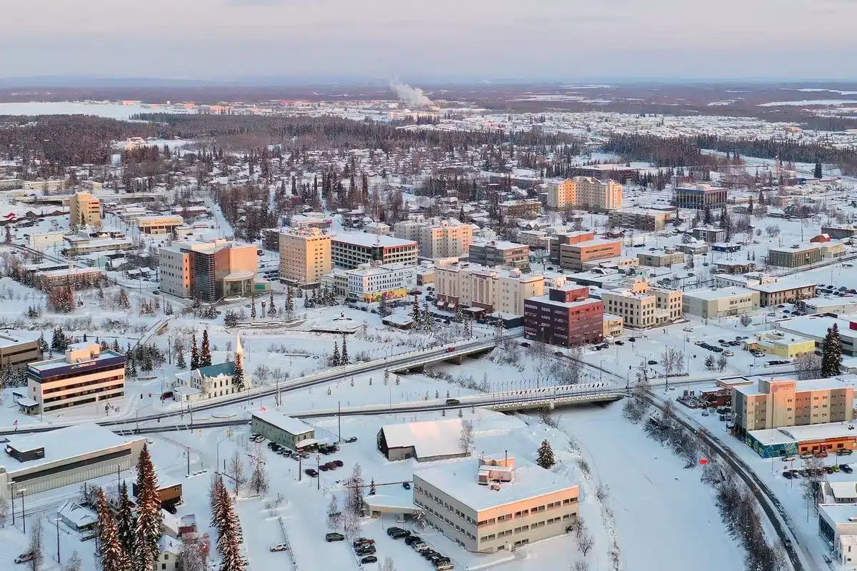 Aerial view of downtown fairbanks in winter