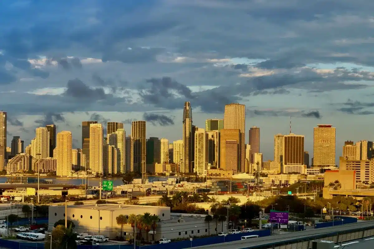 Downtown miami skyline at sunrise, seen from an arriving cruise ship