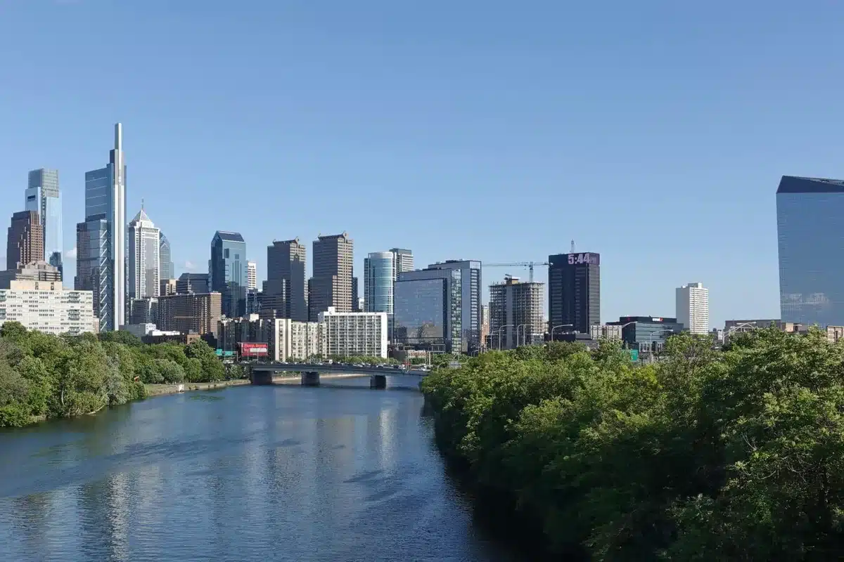 Center city philadelphia skyline above the river