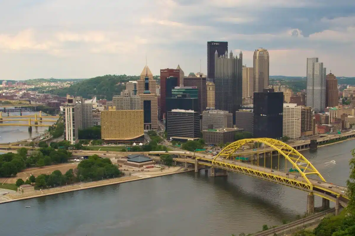 Downtown pittsburgh and its yellow bridges over the river