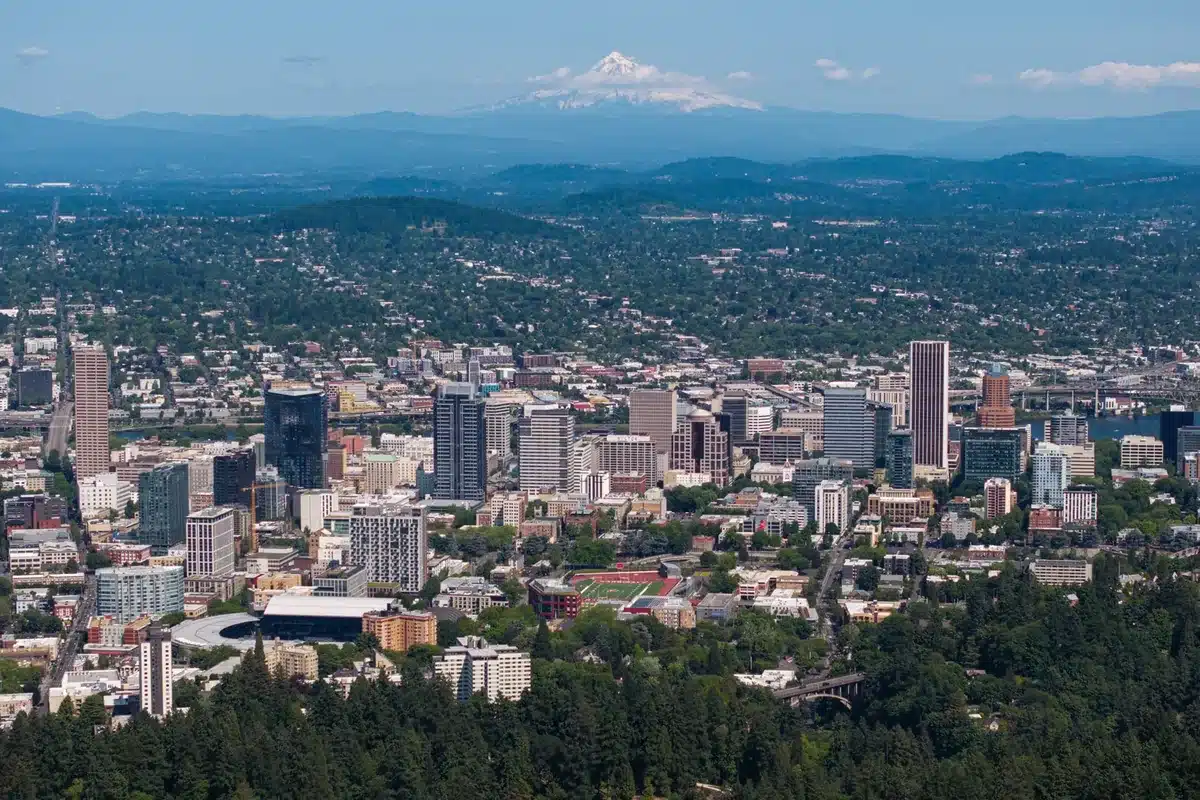 Aerial view of portland, oregon, with mount hood in the distance