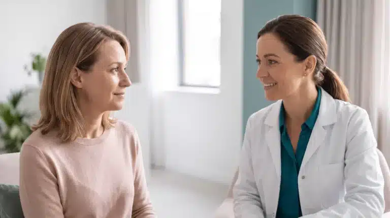 A clinician in a white coat talks with a female patient in a bright consultation room