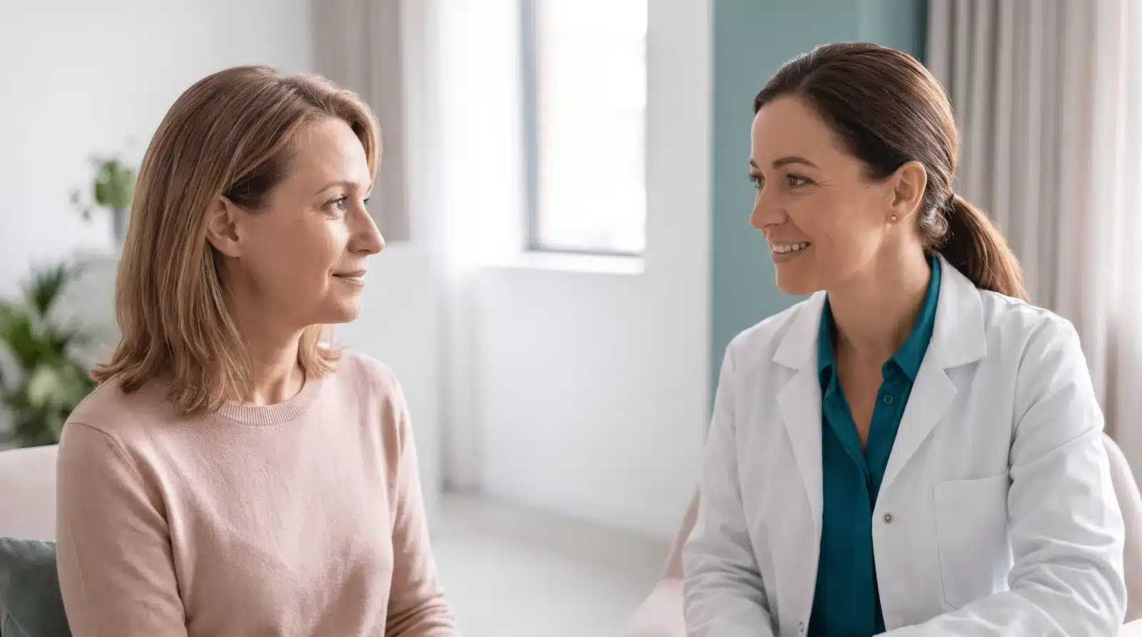 A clinician in a white coat talks with a female patient in a bright consultation room