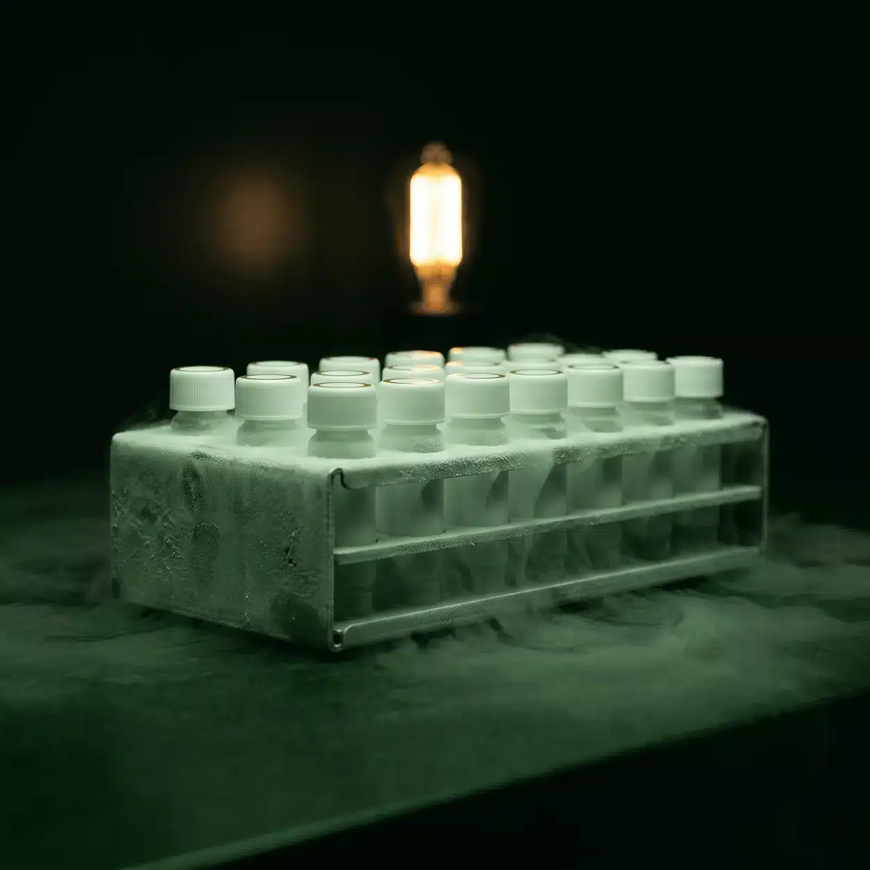 What Is Adipose Banking, And How Does It Work In A Medical Practice? 1 Adipose banking: a rack of small sealed cryogenic vials covered in frost, with cold mist on a dark counter