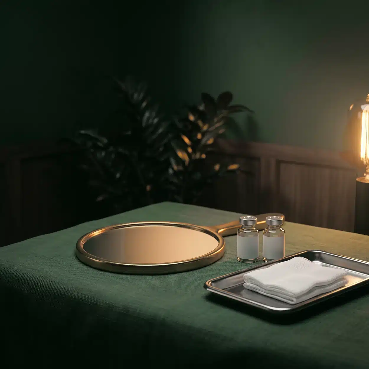 What Is Regenerative Aesthetics, And What Can A Practice Add? 1 Regenerative aesthetics: a brass hand mirror, two blank vials and folded gauze on green linen
