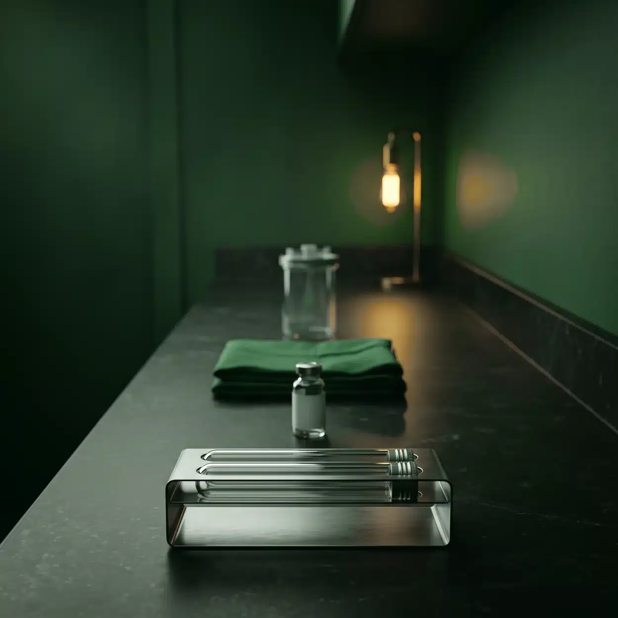 Which Regenerative Service Should My Practice Add First? 1 Which service to add first: a tube rack, a vial, a folded drape and a glass jar in a line on a dark counter